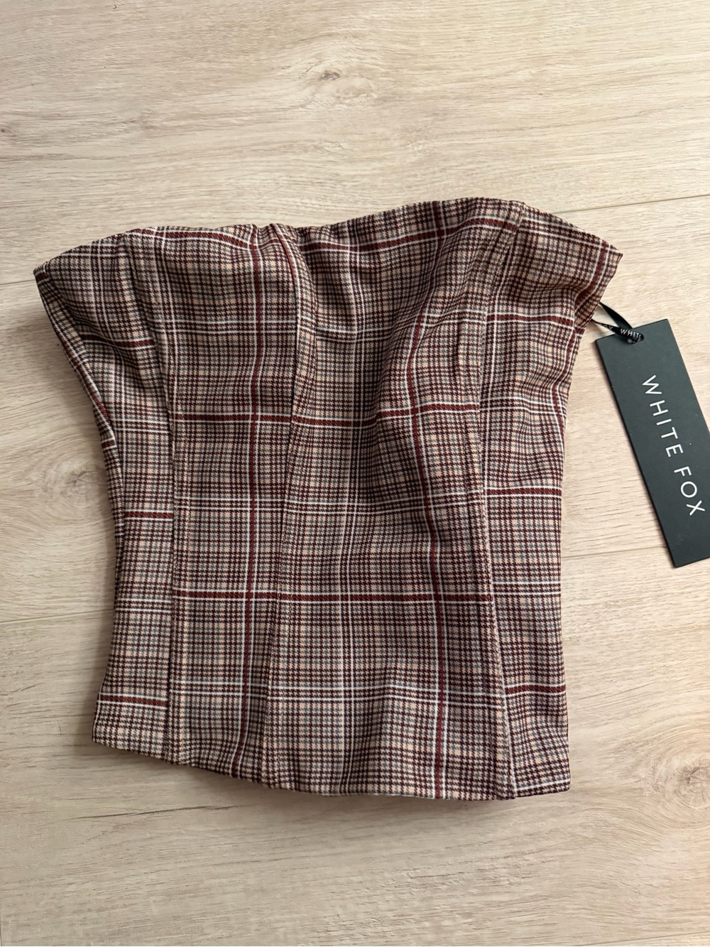 White Fox Boutique Plaid Strapless Crop Top in Brown and Red